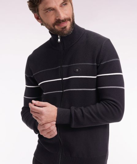 Cardigan zippé en coton noir à liserés colorés coupe droite