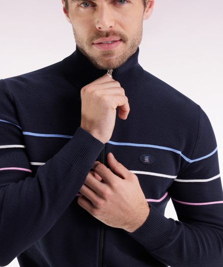Cardigan zippé en coton marine à liserés colorés coupe droite