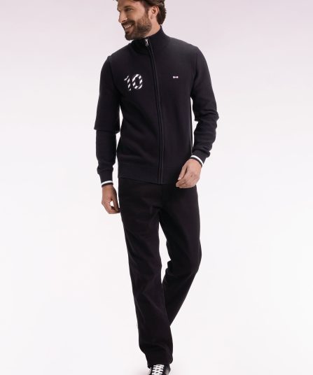 Cardigan zippé en coton marine broderie 10 noir coupe droite
