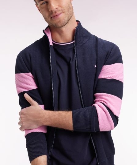 Cardigan zippé en coton marine à rayures de manches roses coupe droite