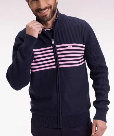 Cardigan zippé en coton marine à rayures roses coupe droite