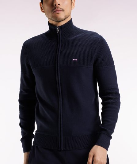 Cardigan zippé en coton marine broderie dos ciel