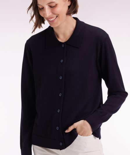 Cardigan à col classique en laine mérinos marine coupe droite