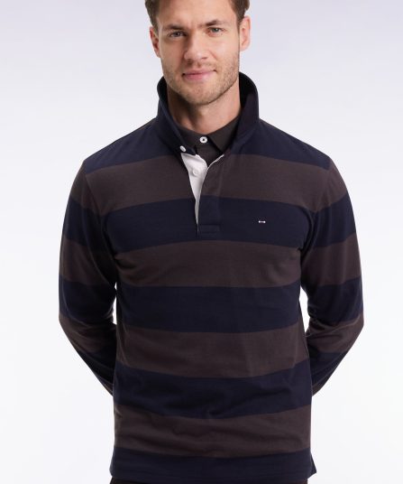 Maillot manches longues en jersey à rayures rugby marron et marine