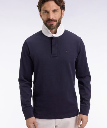 Maillot manches longues en jersey de coton Pima marine coupe droite