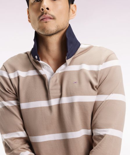 Maillot manches longues en jersey de coton beige à rayures blanches