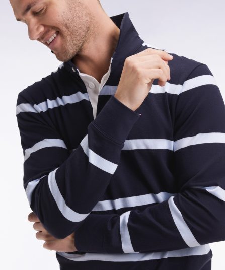 Maillot manches longues en jersey de coton marine à rayures ciel