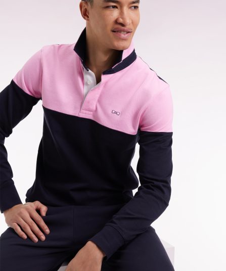 Maillot à manches longues en jersey bicolore marine et rose coupe droite