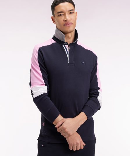 Maillot à manches longues brodé marine manches découpes tricolores coupe droite