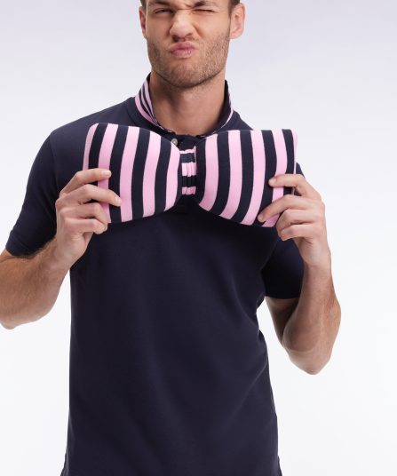 Polo manches courtes en coton Pima marine sous-col rayé coupe droite