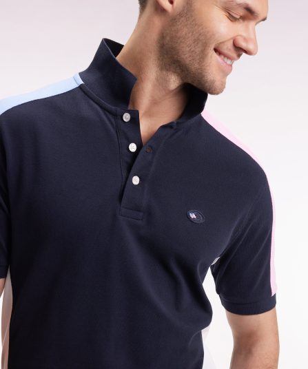 Polo à manches courtes en piqué coton marine découpes tricolores