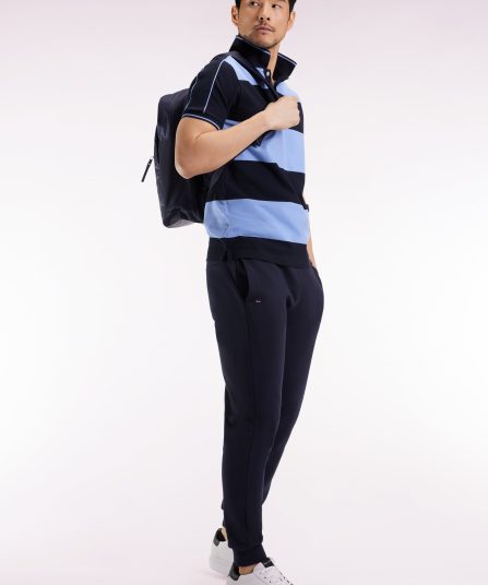 Polo cerclé en piqué coton à manches courtes en coton bleu