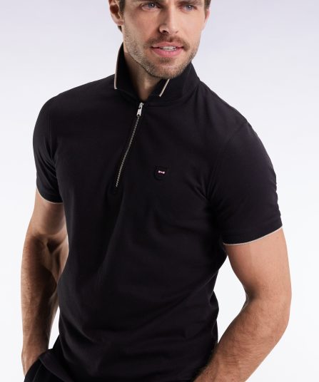 Polo manches courtes en piqué coton stretch noir zippé coupe slim