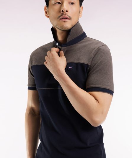 Polo bicolore manches courtes en piqué coton stretch marine coupe slim