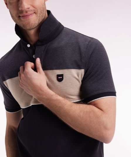Polo tricolore manches courtes en piqué coton stretch gris coupe slim