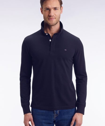 Polo à manches longues en coton stretch marine coupe slim