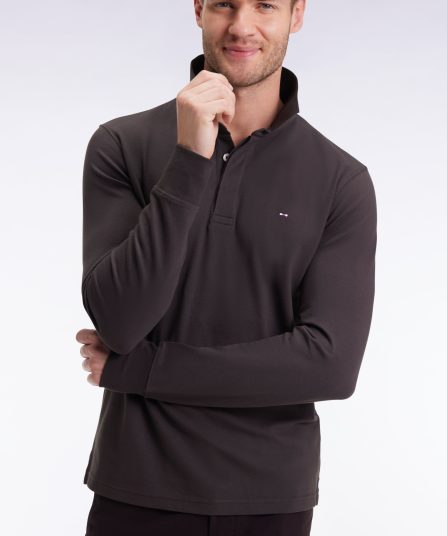 Polo à manches longues en coton stretch marron coupe slim