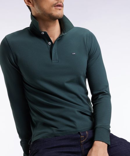 Polo à manches longues en coton stretch vert bouteille coupe slim