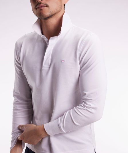 Polo à manches longues en coton stretch blanc coupe slim