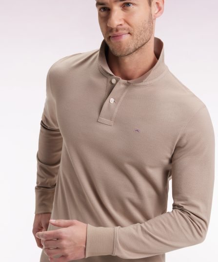 Polo à manches longues en coton Pima beige coupe droite