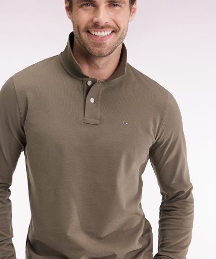 Polo à manches longues en coton Pima kaki coupe droite