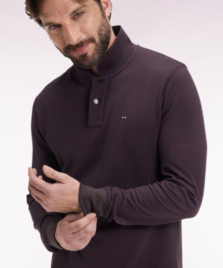 Polo à manches longues en coton Pima marron coupe droite