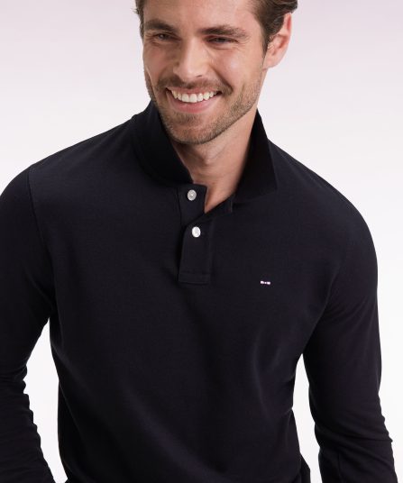 Polo à manches longues en coton Pima noir coupe droite