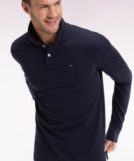 Polo à manches longues en coton Pima marine coupe droite