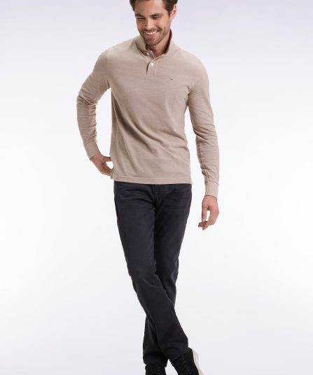 Polo à manches longues en coton chiné beige coupe droite
