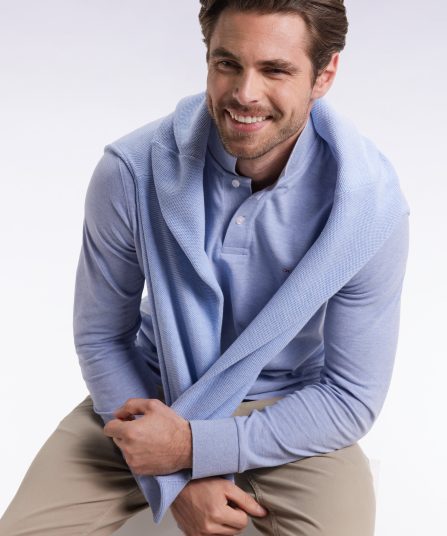 Polo à manches longues en coton chiné ciel coupe droite