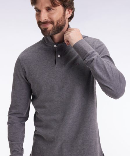 Polo à manches longues en coton chiné gris coupe droite
