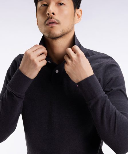 Polo à manches longues en coton chiné gris foncé coupe droite