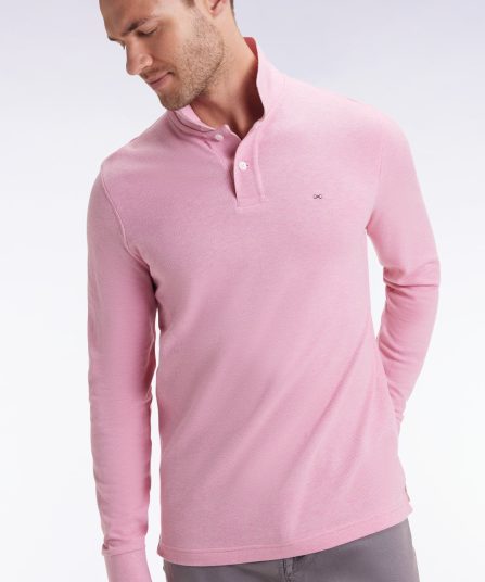 Polo à manches longues en coton chiné rose coupe droite