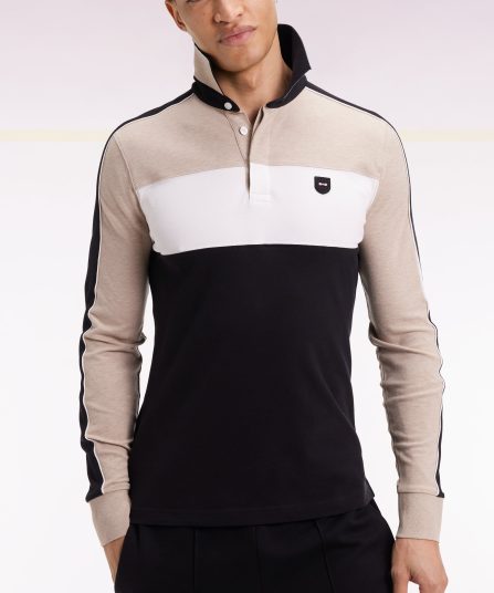 Polo tricolore à manches longues en coton stretch beige coupe slim