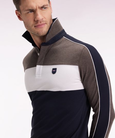 Polo tricolore à manches longues en coton stretch marron coupe slim