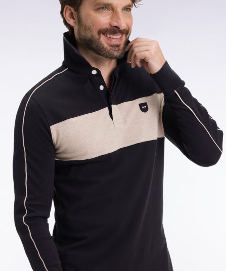 Polo tricolore à manches longues en coton stretch noir coupe slim