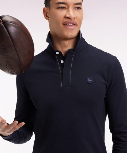 Polo à manches longues en coton stretch marine passepoilé coupe slim