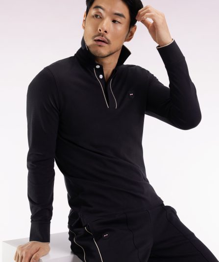 Polo à manches longues en coton stretch noir passepoilé coupe slim