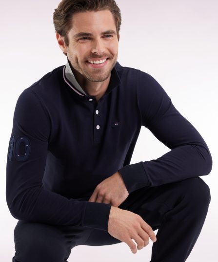 Polo à manches longues en coton marine brodé coupe droite