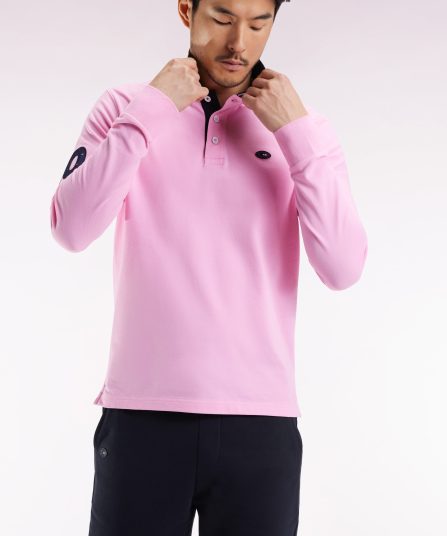Polo à manches longues en coton rose brodé coupe droite