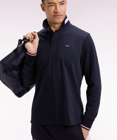 Polo à manches longues en piqué coton marine liserés roses coupe Relaxed