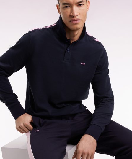 Polo à manches longues en piqué coton marine galon rose siglé