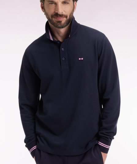 Polo à manches longues en piqué coton marine dessous de col rayé