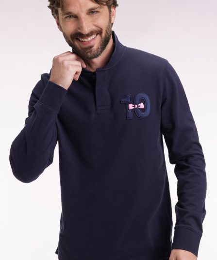 Polo à manches longues en piqué coton marine broderie 10