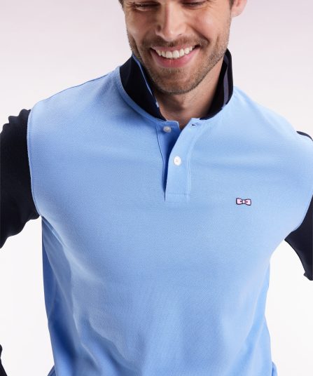 Polo à manches longues en piqué coton bicolore ciel broderie 10