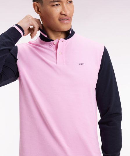 Polo à manches longues en piqué coton bicolore rose broderie 10