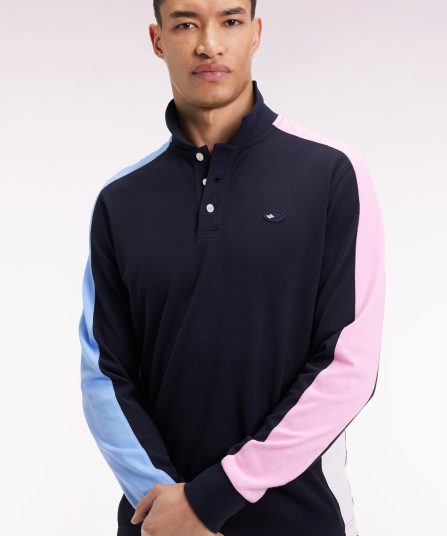 Polo à manches longues marine à découpes manches tricolores