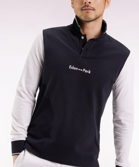 Polo à manches longues en piqué coton bicolore blanc logo Eden Park