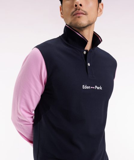 Polo à manches longues en piqué coton bicolore rose logo Eden Park