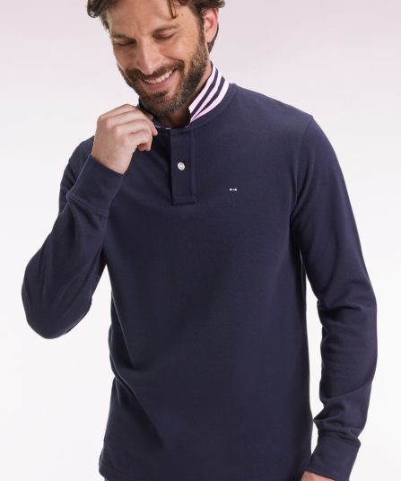 Polo à manches longues en piqué coton marine dessous de col rayé